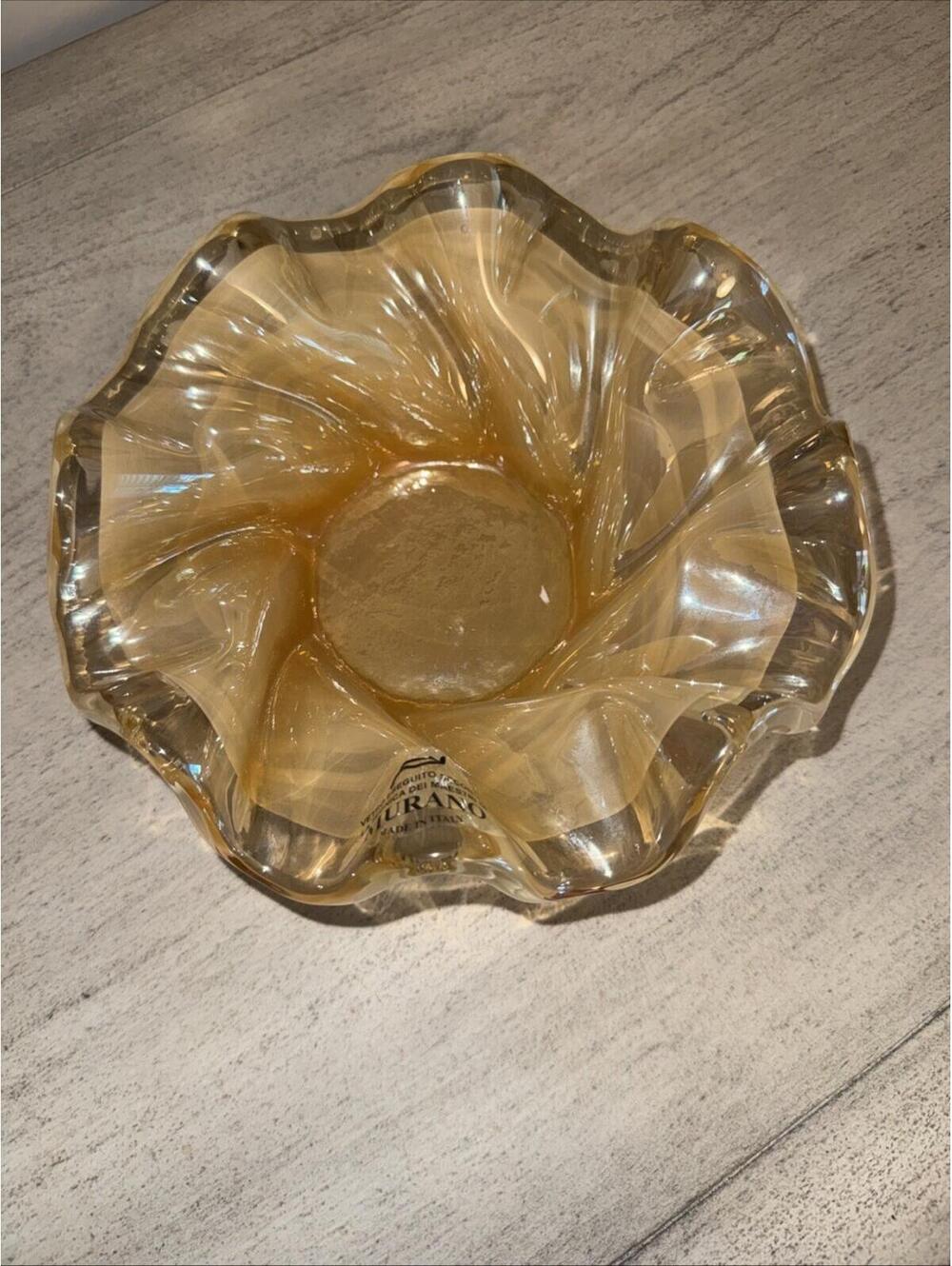 Murano Stunning Blown Glass Gold Yellow Ruffled Bowl Made In Italy 7”x4”